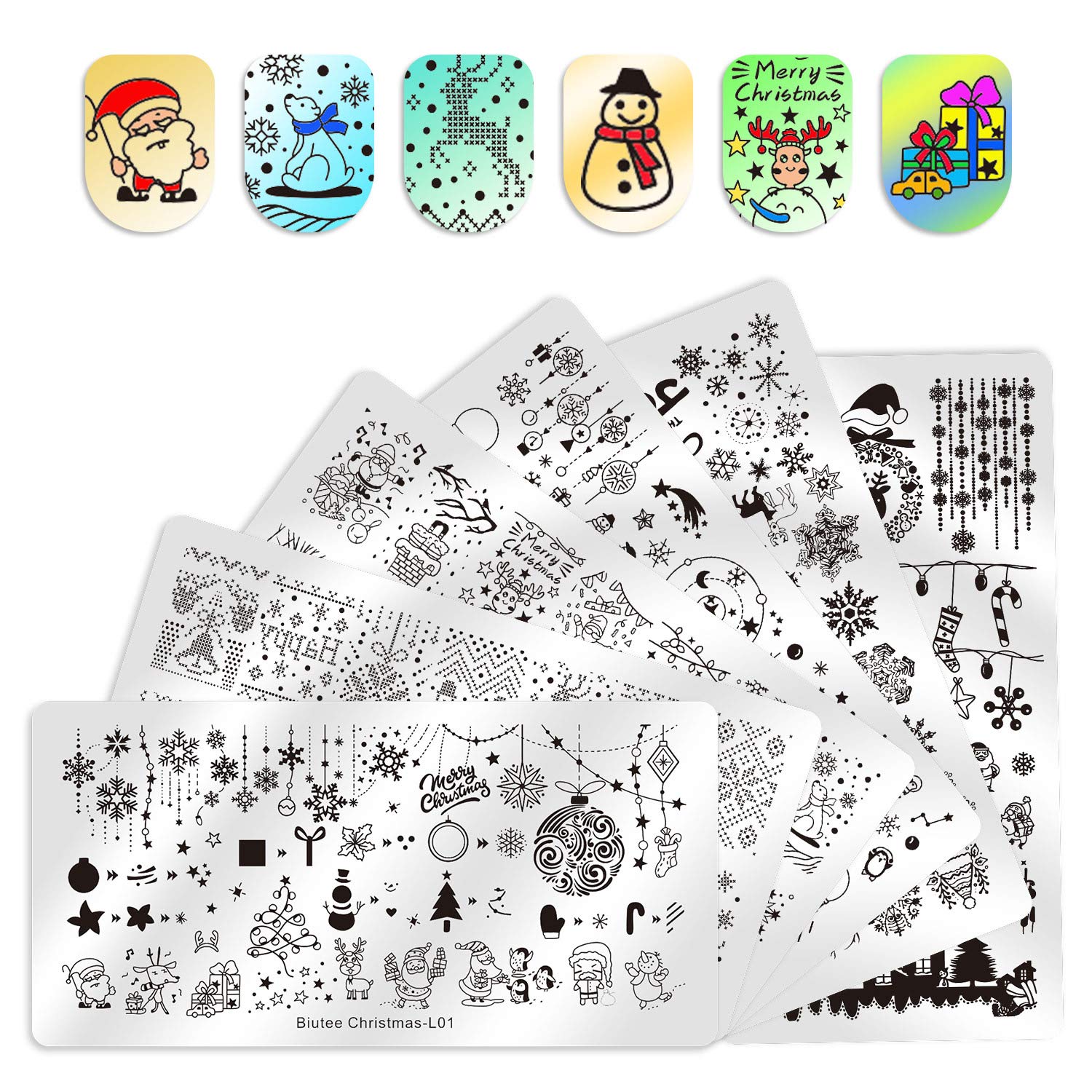 Biutee 6pcs Plaque Stamping Nail Art avec Tampon Grattoir Sets Vernis Outil Image P¨re No l Arbre de No l Bonhomme de Neige pour Elle Série de No l A