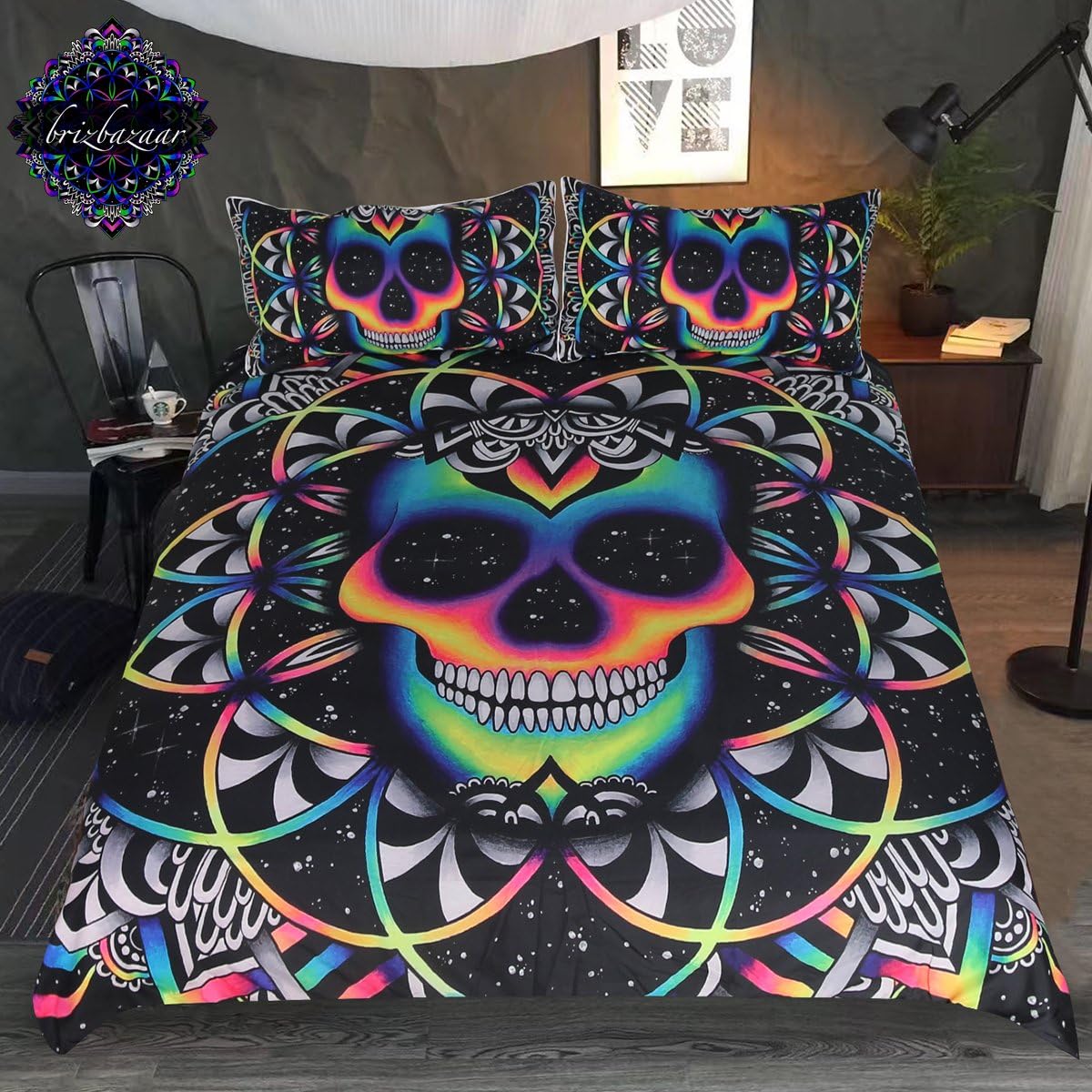 Chaos By Brizbazaar Bedding Set Skull Twin Bedding Set Skull Comforter Cover Set Twin Size Colorful Skull Duvet Covers Bedding Sets Black Neon Sugar Skull Bed Set 3 Piece Skull Gifts for Kids Boys