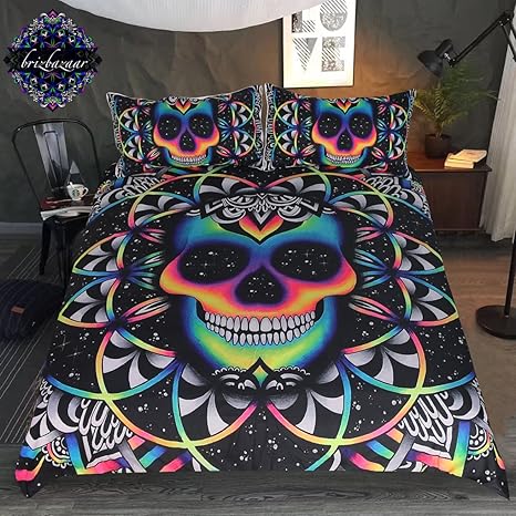 Amazon Com Chaos By Brizbazaar Bedding Set Colorful Skull Bedding Black Neon Skeleton Bed Cover 3 Piece Galaxy Duvet Cover Gothic Bedspread Queen Home Kitchen