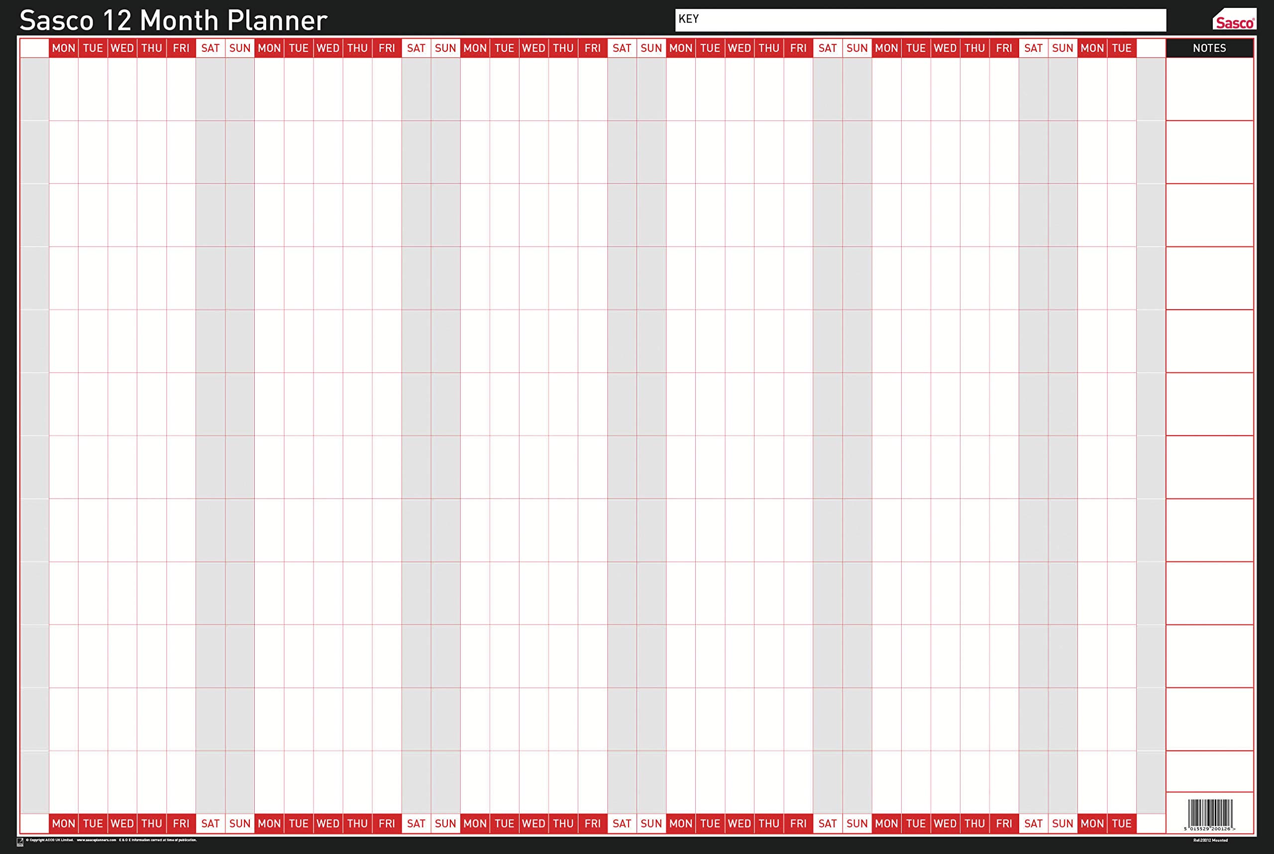 Sasco 20012 Board Mounted 12-Month Undated A1 Wall Planner, 610 x 915 mm (H x W)