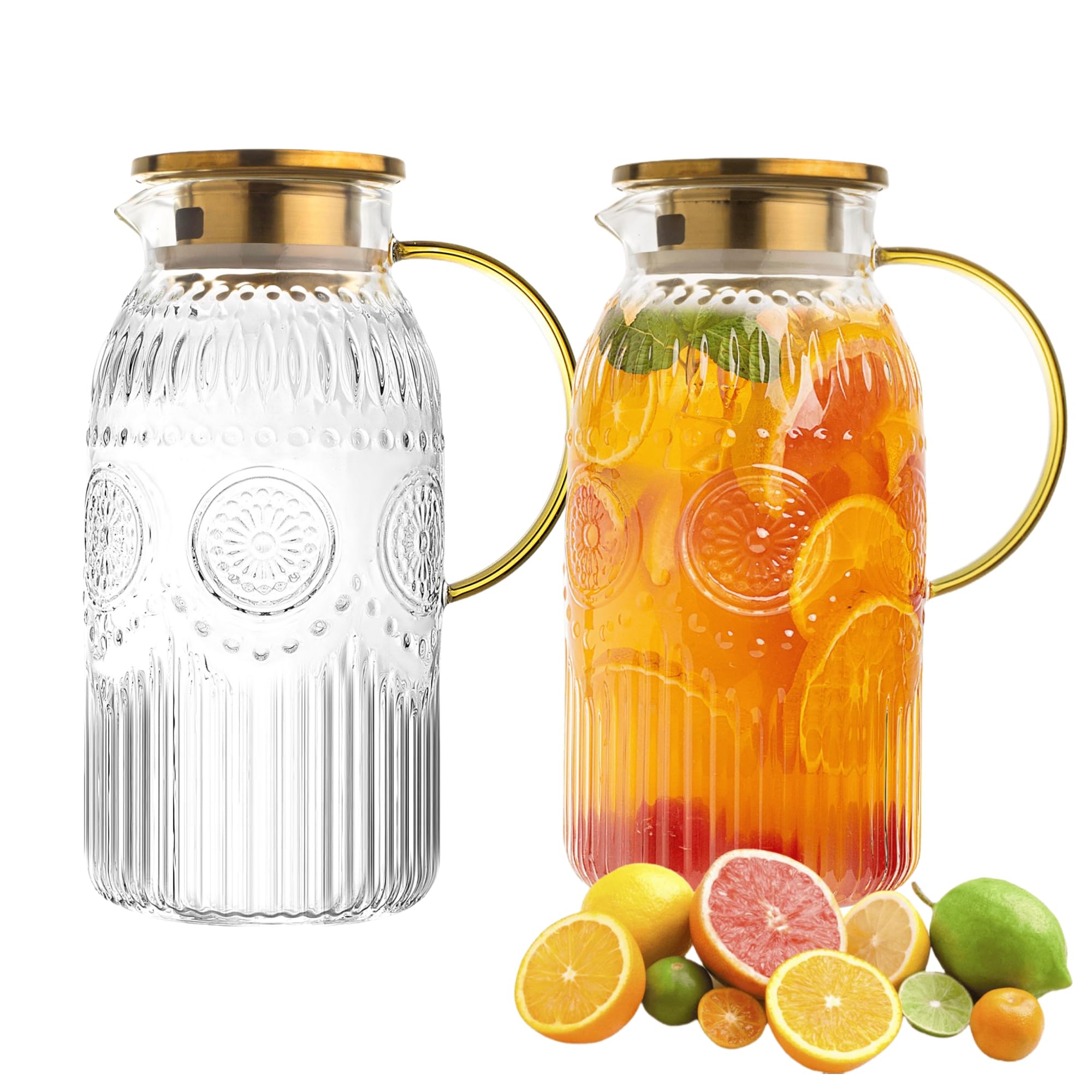 Photo 1 of Amzcku 2 PACK Glass Pitcher with Lid, 68 oz/ 2 Liter Vintage Water Pitcher,Glass Water Carafe for Cold Brew, Coffee, Lemonade, Iced Tea,Beverage, Heat Resistant Jug