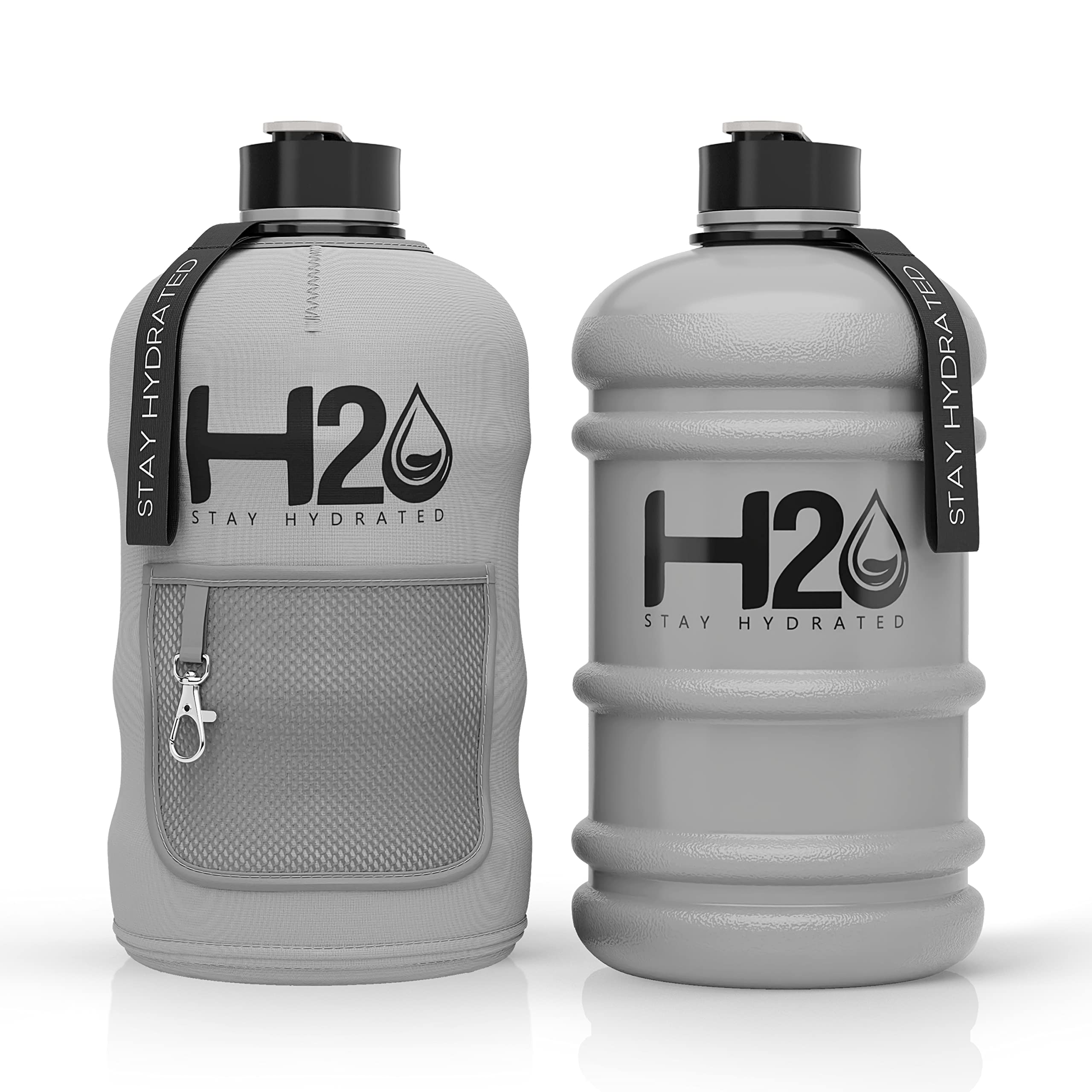 DXQ H2O Bottles - 2.2 Litre Water Bottle - Extra Strong Flex Material - Drop Proof, Pop Insulated Sleeve - 2.2L Large Gym Sports Bottle, BPA FREE, Matte Grey