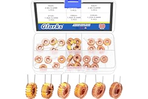 Glarks 30pcs 6 Sizes Toroid Core Inductor Kit, 10UH-2.8A 22UH-2.8A 33UH-2.8A 47UH-1.96A 100UH-1.96A 220UH-1.25A Inductance Copper Coil, Toroid Magnetic Inductor for Transformers DIY Circuit Board
