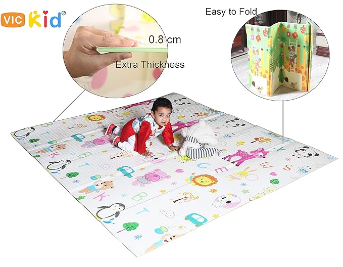 Vic Kid Baby Play Mat/Crawling Mat/Foldable Extra Large Thick Foam/Double Sides Multi-Purpose Water Proof. Size: 6.45 X 5.8 Ft ( ? 1 Inch) / Color : Side A-Letter & Animals + Side B-Giraffe& Monkey