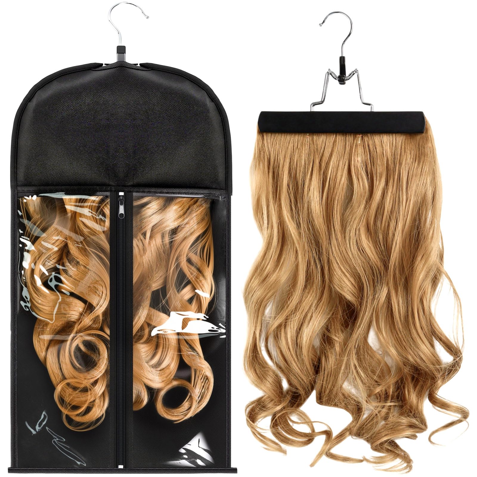 Photo 1 of 1 Pack Wig Storage Bag with Hanger Hair Extensions Wig Storage Extra Long Hair Extension Holder with Transparent Zip Up Closure (Size Small)