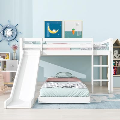 Merax Kids Bunk Bed with Adjustable Ladder & Slide, White Wood Frame