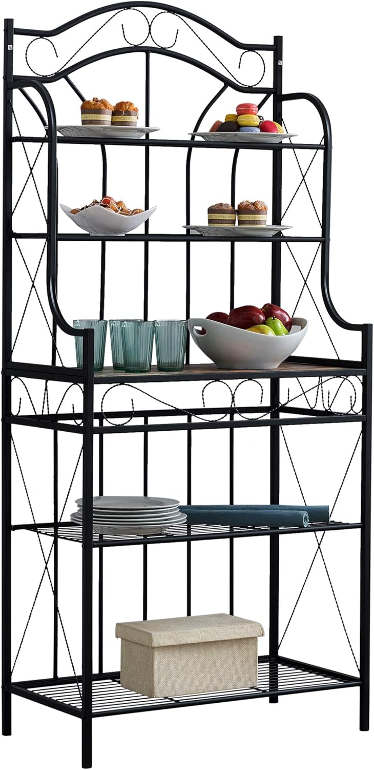 Kings Brand Furniture – Black Metal / Faux Stone 5-Tier Kitchen Storage Bakers Rack - Standing Baker's Racks
