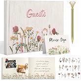 Ctosree 4 Pcs Wildflower Wedding Guest Book Set, Apricot, 8.3 * 6 Inch | Linen Floral Embroidered Photo Guest Book for Wedding Reception Bridal Baby Shower Party, with Gold Pen Stand Sign Stickers