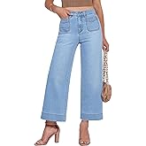 GRAPENT Cropped Jeans for Women Trendy 2026 Wide Leg High Waisted Patch Pocket Stretchy Denim Pants Short Trouser Jeans