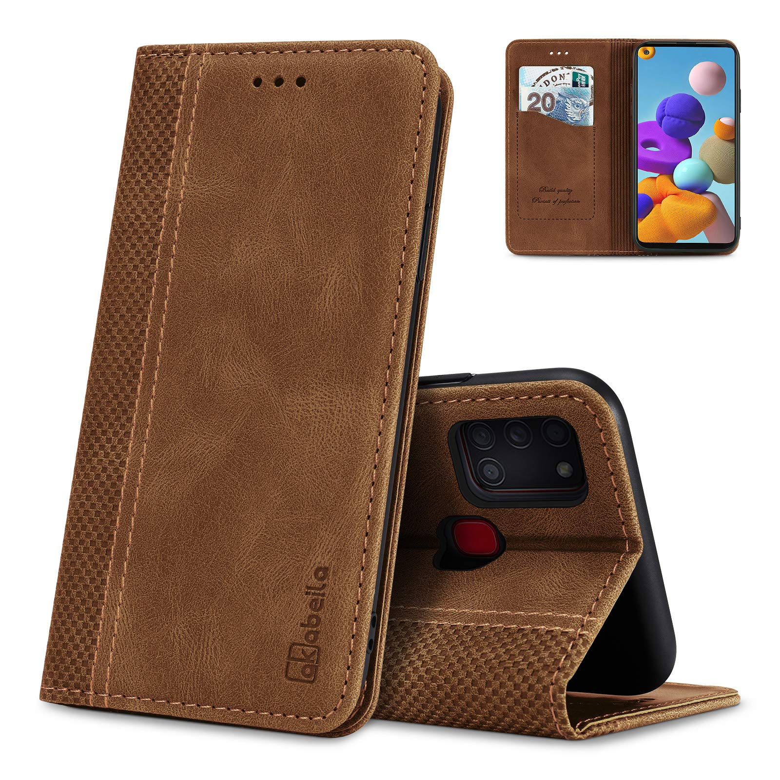 AKABEILA Case for Samsung Galaxy A21S Case Premium PU Leather Flip Wallet Case with Magnetic Closure Kickstand Card Slot Folio Phone Cover Light Brown