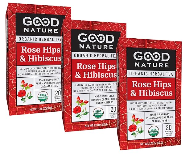 GOOD NATURE ORGANIC HERBAL TEA (PACK OF 3) – 60 TOTAL TEA BAGS (ROSE HIPS AND HIBISCUS)