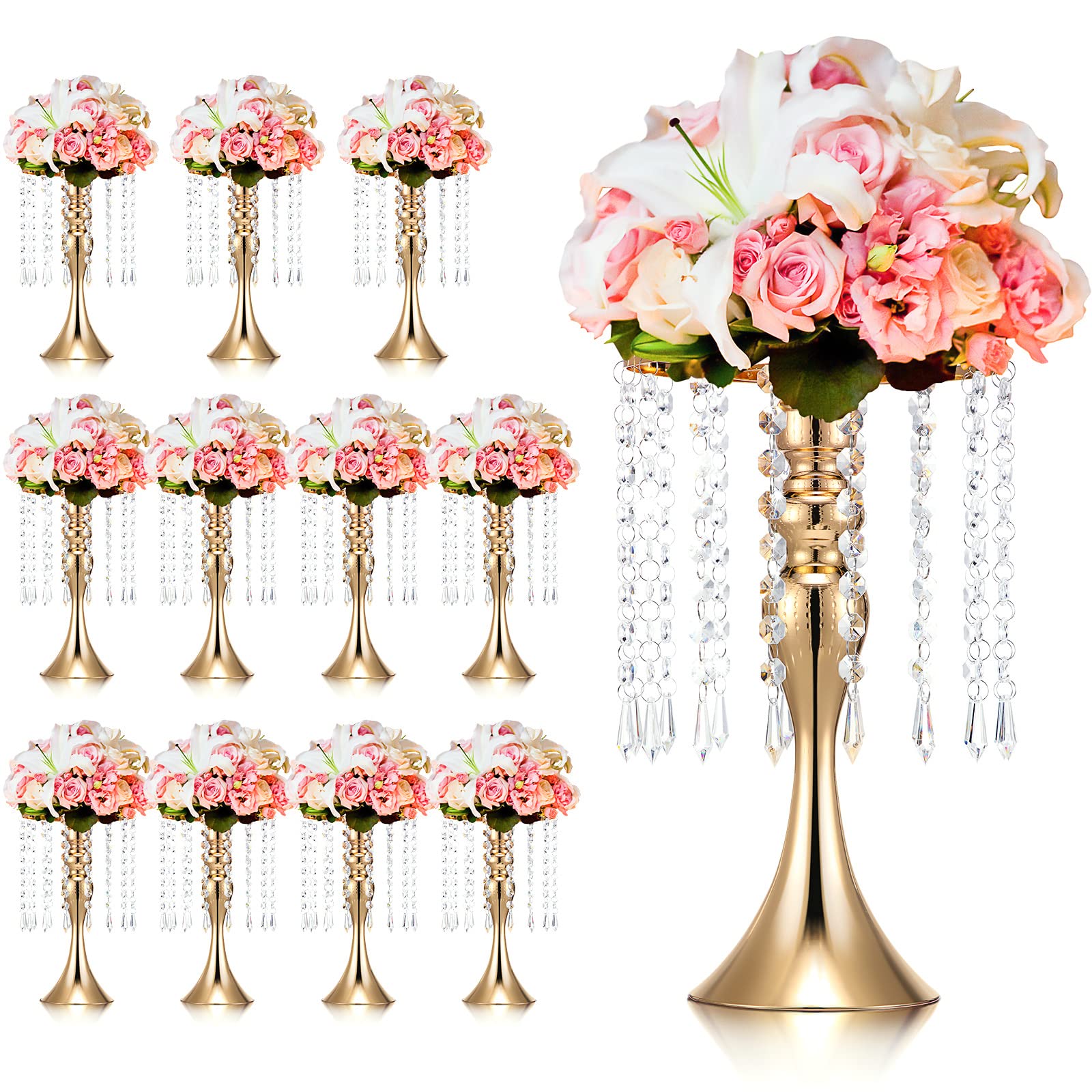 Photo 1 of Unittype Wedding Centerpieces for Tables 13.4 Inch Tall, Crystal Flower Stand Floral Vases for Tabletop Flower Arrangement Stand Valentine's Day Party Decor(Gold, 12 Pcs)