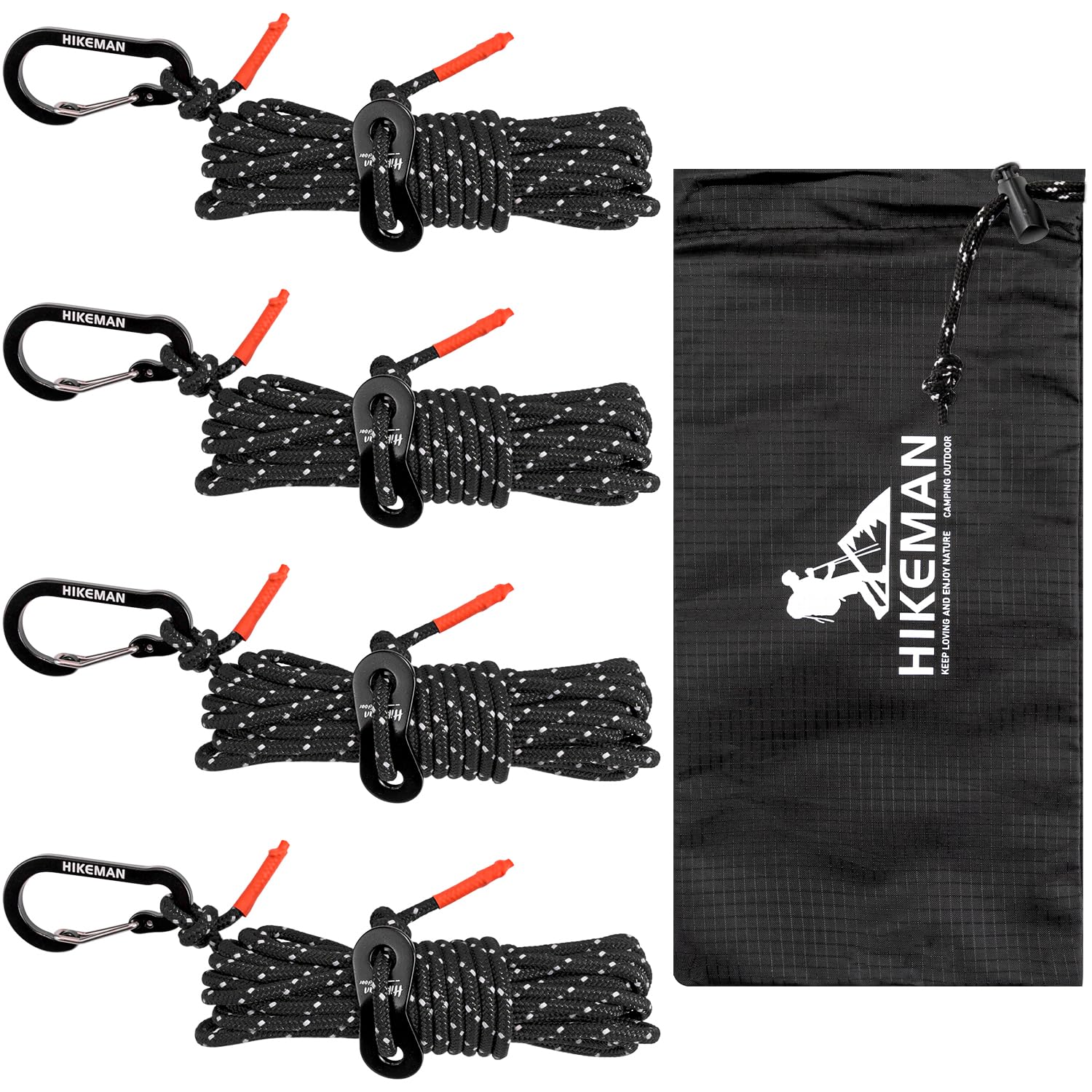 HIKEMAN Reflective Tent Guy Ropes - 4M Camping Guide Ropes,3mm Tent Guide Lines Cord with Aluminum Tensioners Adjuster for Outdoor Camping Hiking Caravan Awning Tents (Black, 3mm)