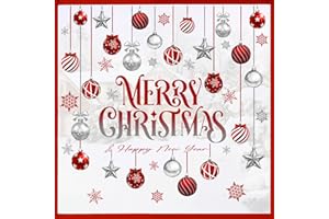 Mfault Merry Christmas Balls Window Clings 4 Sheets, Happy New Year Xmas Snowflake Stars Stickers Decals Decorations, Winter Holiday Home Kitchen Decor