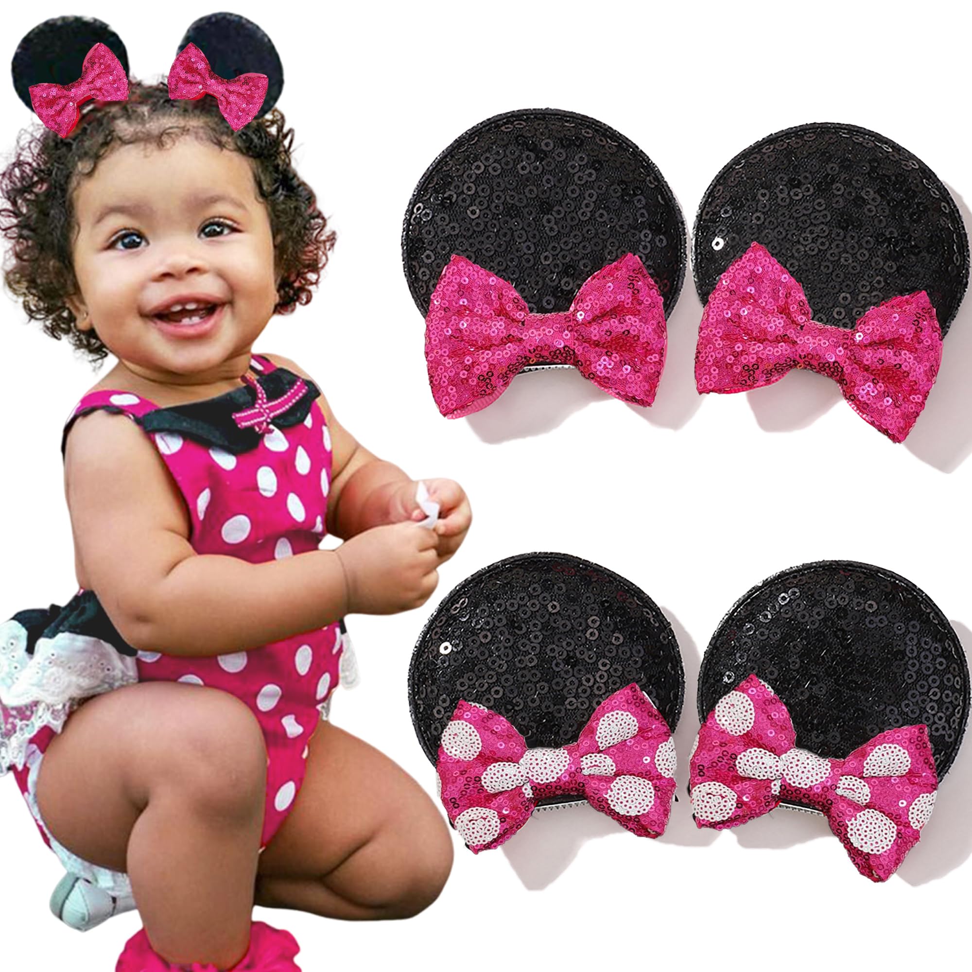 Photo 1 of Ayesha Mouse Ears Hair Clips Mouse Ears for Toddler Girls Pink Mouse Bows Barrettes Hair Accessories for Baby Girls Toddler Kids Costume Party 4PCS