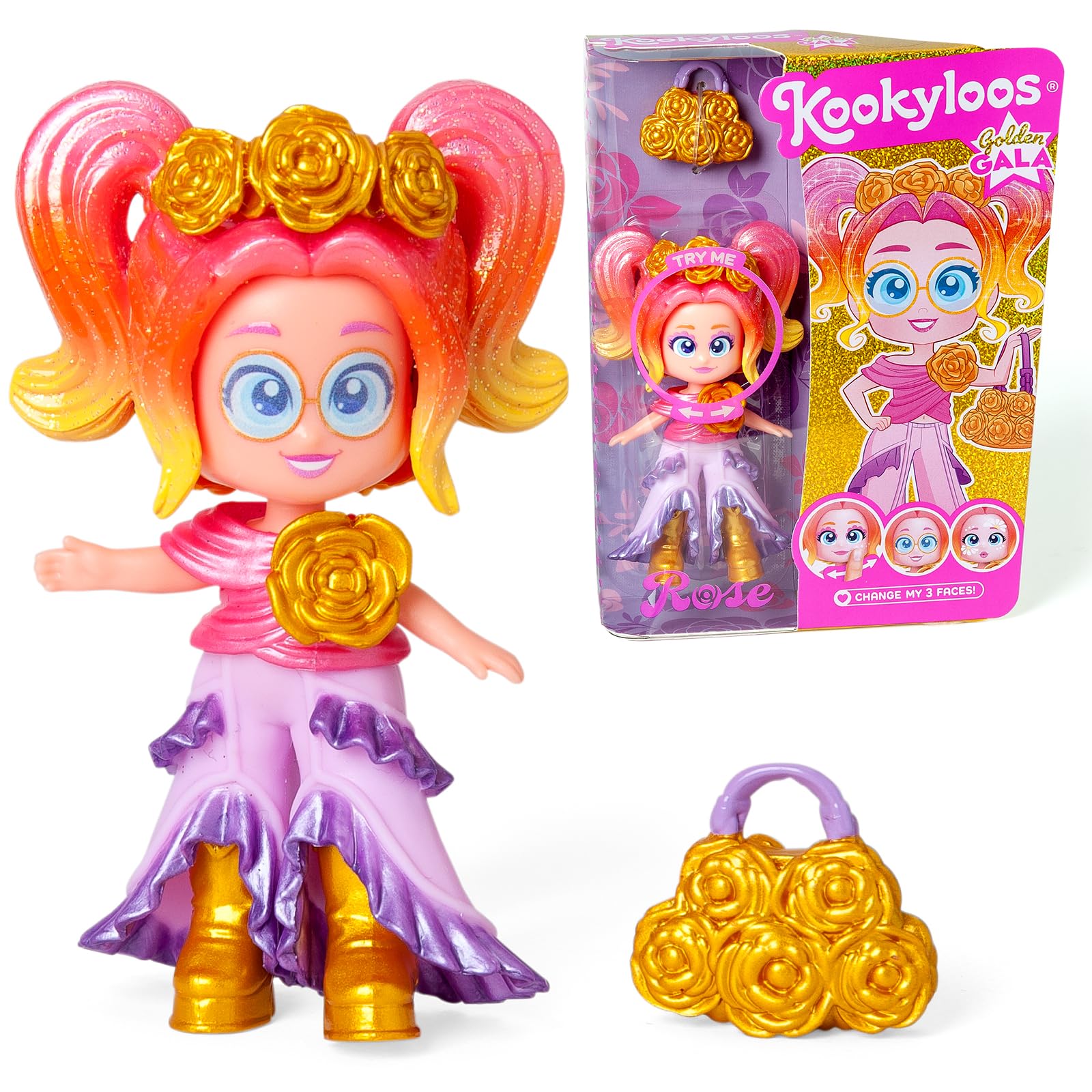 KOOKYLOOS Golden Gala Series ROSE - Collectable doll from the Golden Gala series. Contains Rose, 1 bag, fashionable clothes and shoes and 1 accessory. 3 different faces