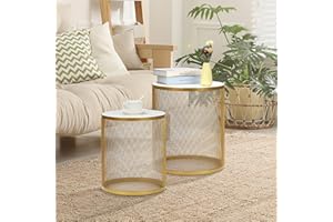 kevinplus Modern Round Nesting Side Table End Table Set of 2 for Living Room, Circle Carved Hollow Metal Coffee Table Lightweight Side Table End Table, No Assembly & Faux Marble Top, White & Black