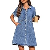 KDF Denim Dress for Women with Pockets Short Sleeve Babydoll Denim Shirt Dresses for Women 2025