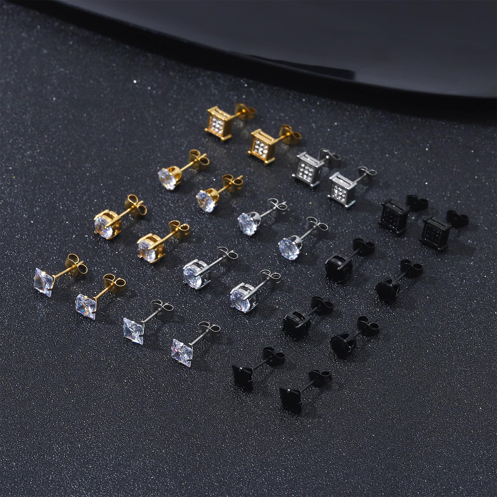 NEWITIN 12 Pairs Stainless Steel Stud Earrings for Men Hypoallergenic Earring Unisex Studs Inlaid Cubic Zirconia Men Earrings Hoop CZ Stud Earring Set for Women