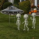 GFBZS 4-Piece Halloween Decorations Outdoor, Alien UFO Yard Cutout Set | 3 Full-Body Alien Cutouts and 1 UFO Yard Prop With Thickened Weather-Resistant Panels and Ground Stakes for Yard Displays