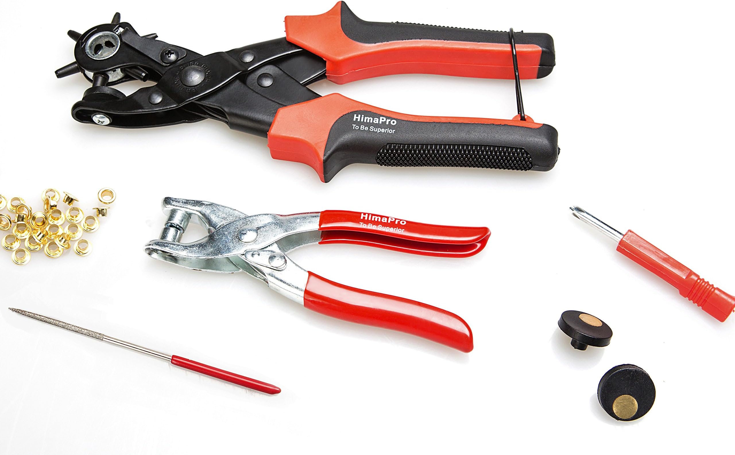 HimaPro Leather Hole Rotary Puncher for Belts, Dog Collars, Saddles, Shoes, Watch Bands, and etc. Comes with Eyelet Pliers Plus 100 Eyelets, Two Spare Punch Plates, and a Mini File Tool