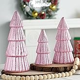 Meching 3 Pcs Plastic Cone Christmas Tree Decorations Indoor,Glittering Modern Christmas Tree Mantel Tabletop Centerpieces Figurine for Living Room Entryway Home Holiday Party Decor (Pink)
