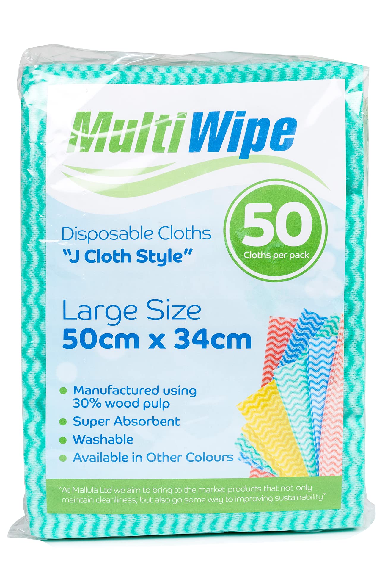 MultiWipe 50 Large green disposable cleaning cloths |"J cloth style." | Made with 30% wood pulp | 50cm x 34cm | Also available in boxes of 100 and 500