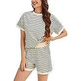 Fhykiss 2 Piece Pajama Sets for Women Stripe Knit Shirts Short Sleeve Summer Casual Loungewear Shorts Matching Set