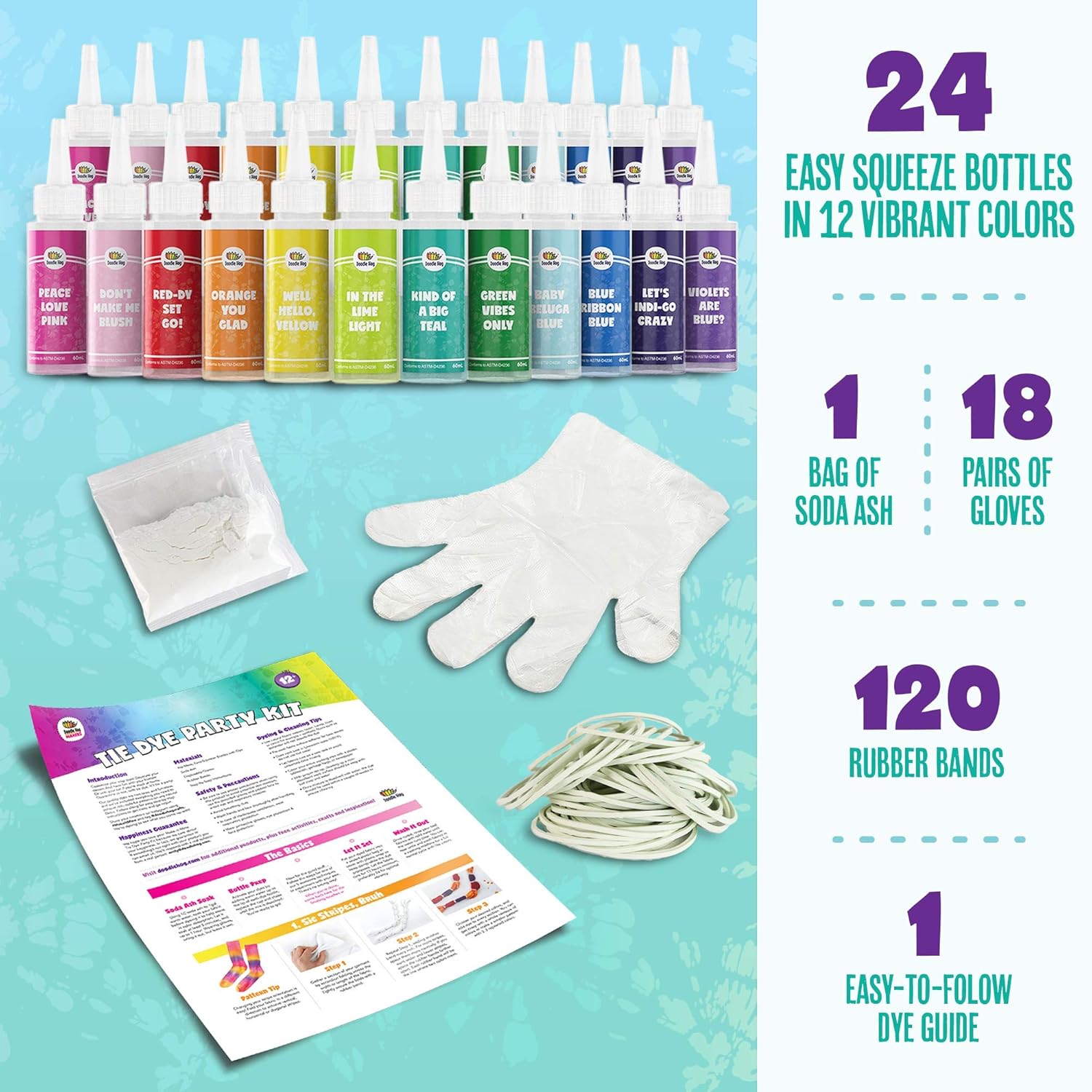 Doodlehog Easy Tie Dye Party Kit for Kids, Adults, and Groups. Create Vibrant Designs with Non-Toxic Dye. 12 Colors Included! Beginner-Friendly: Just Add Water! Dye up to 10 Medium Kids T-Shirts!: Arts, Crafts & Sewing