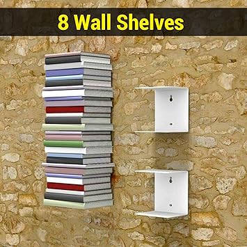 TIED RIBBONS Invisible Wall Mounted Book Shelves for Study Room Kids Room Home Living Room Drawing Room Office Decoration (Set of 8 Book Shelves, White, Metal)