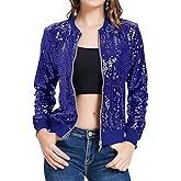 KANCY KOLE Womens Sequin Jacket with Pockets Casual Long Sleeve Front Zip Party Bomber Blazer S-2XL