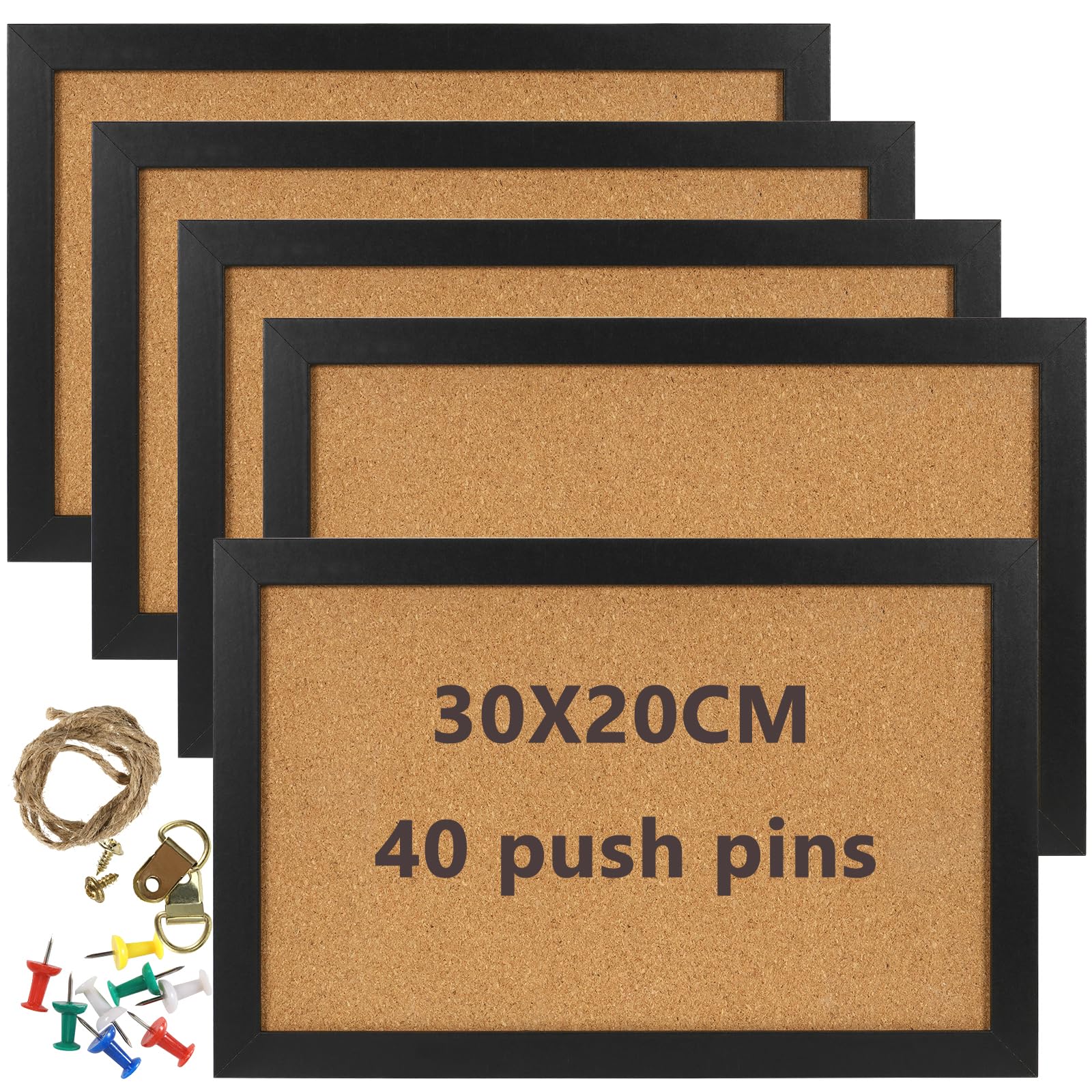 HAKZEON 5 Pack 20 x 30 cm Cork Board, A4 Black Framed Small Vision Bulletin Board, Wall Mounted Cork Pin Message Notice Board with 40 Push Pins & Rope for Kitchen Home, Office, School