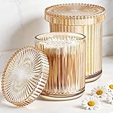 ESEHGS 2 Pack Glass Qtip Holder Dispenser Set - Bathroom Organizer for Cotton Swabs, Balls, Pads, Floss Picks - Clear Apothecary Jars for Vanity, Makeup Storage, Bathroom Accessories Decor (Amber)