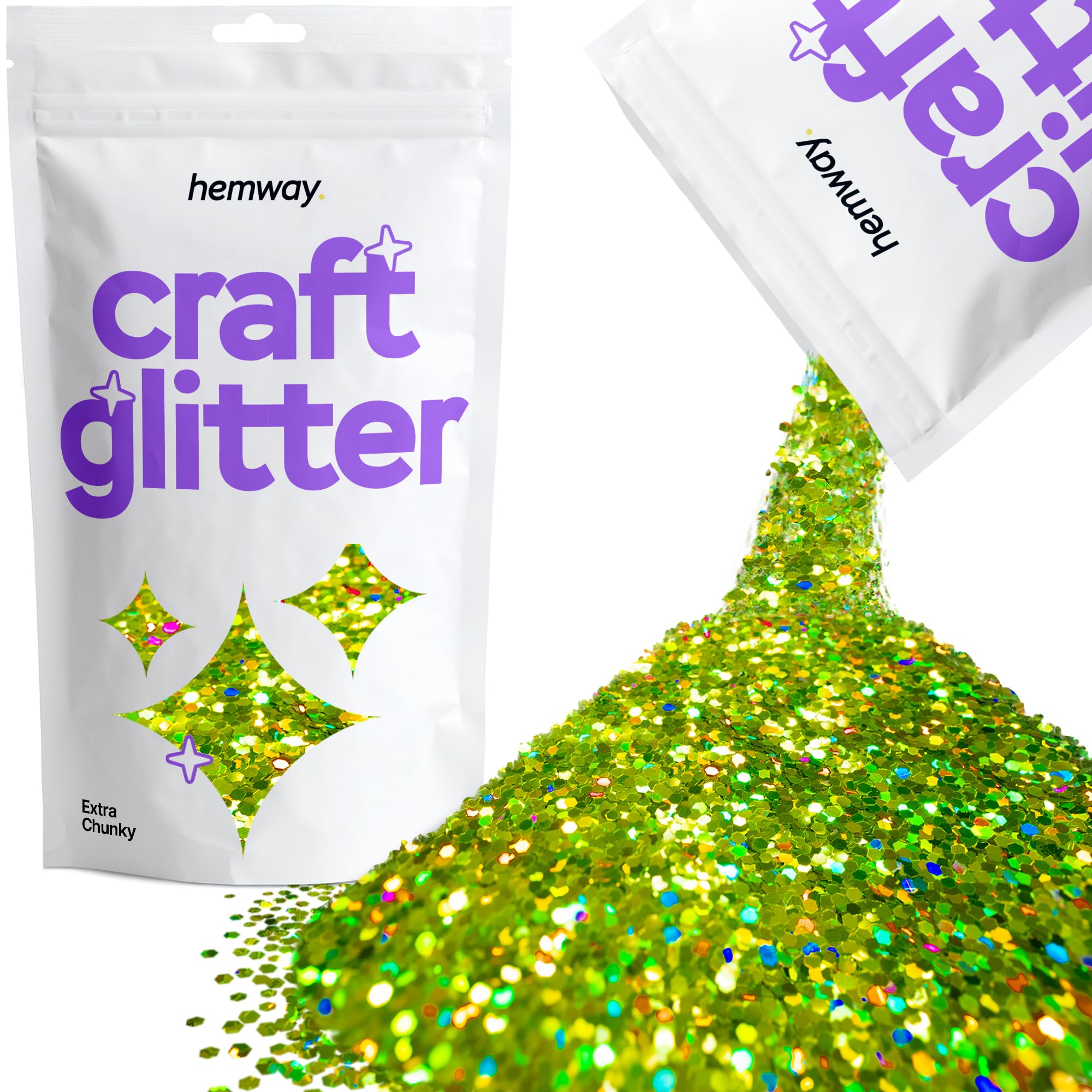 Hemway Craft Glitter Lime Green Holographic 100g Extra Chunky Glitter for Crafts, Resin, Cosmetic, Nail, Face, Body, Festival, Tumblers, Art, Candle, Crafting