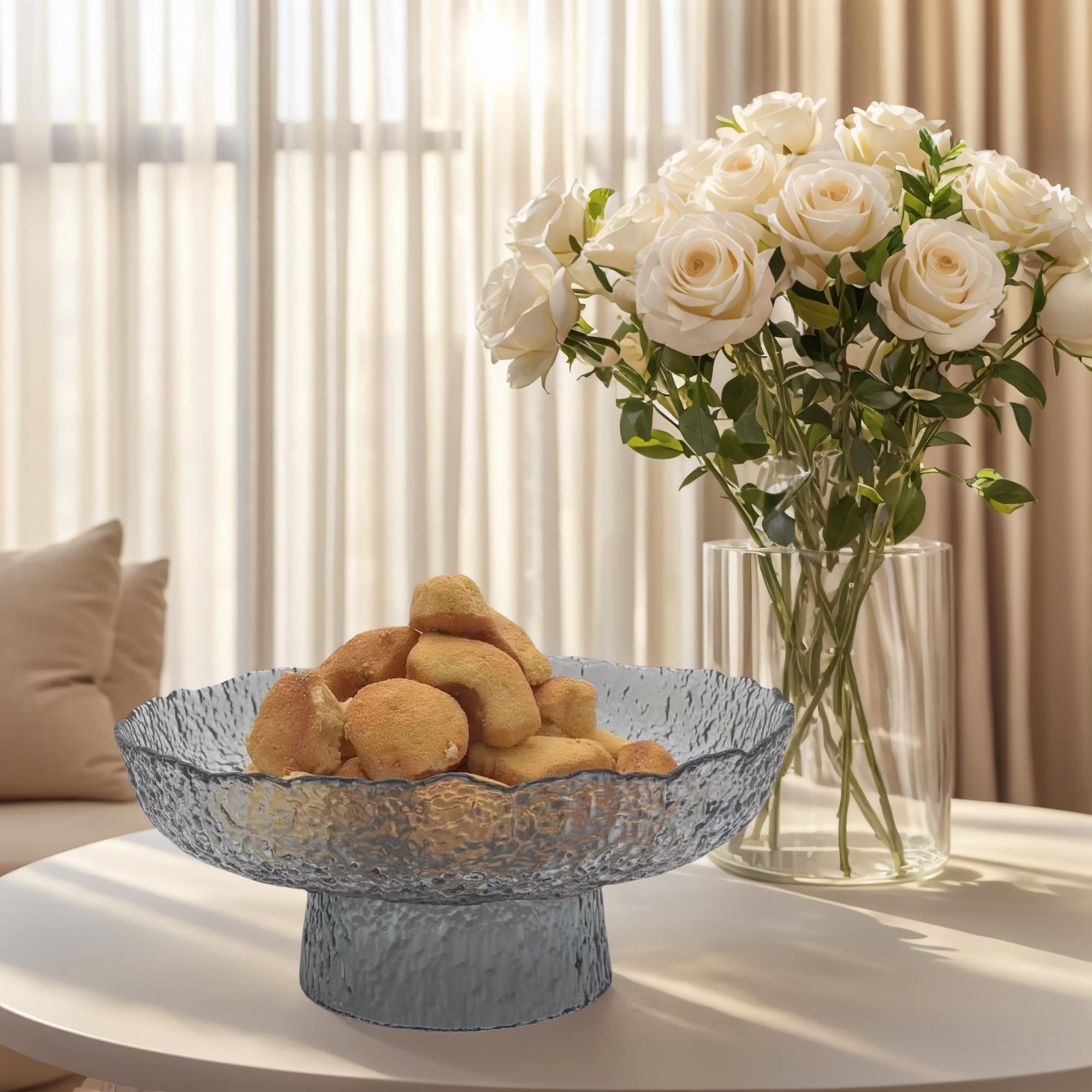 FESTLOVE Glass Fruit Bowl, 10” Gray Decorative Bowl, Fruit Bowl for Kitchen Counter, Decorative Pedestal Bowl Centerpieces Table for Home Décor, Candy Dish Dessert Display Stand