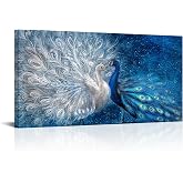OuElegent Peacock Canvas Wall Art Blue and White Peacock Couple Painting Pictures Elegant Animal Artworks Romantic Kiss Artwork for Living Room Bedroom Wall Decor Ready to Hang 24"x48"