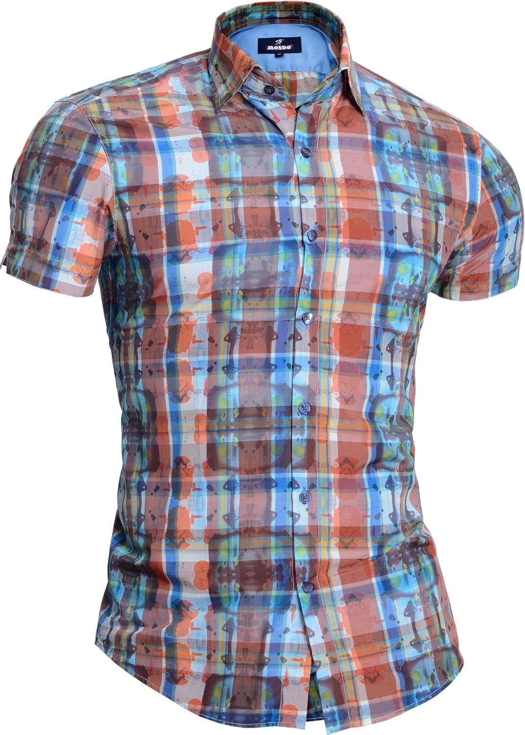 Mondo Mens Short Sleeve Shirt Brown Checkered Tie Dye Pattern Cotton Slim Fit Amazon.co.uk
