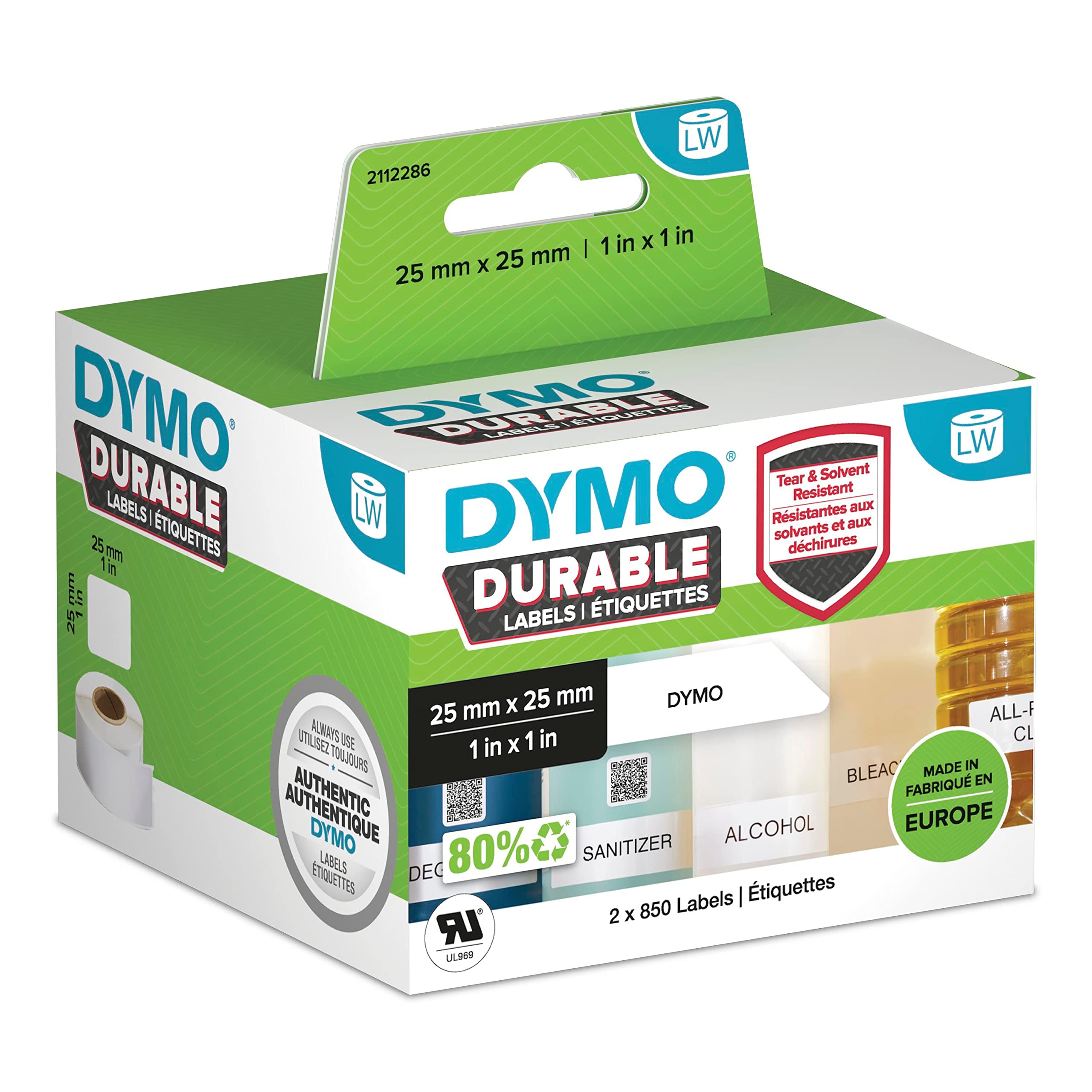 DYMO LW Durable Industrial Labels for LabelWriter Label Printers, White Poly, 25 x 25 mm, 2 Rolls of 850 (1933083)