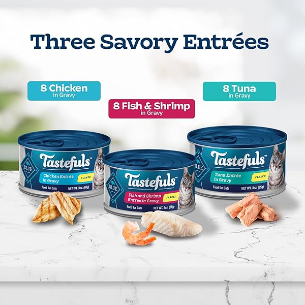 BLUE BUFFALO TASTEFULS FLAKED WET CAT FOOD VARIETY PACK, MADE WITH NATURAL INGREDIENTS, TUNA, CHICKEN, FISH & SHRIMP, 5.5-OZ CANS (24 COUNT, 8 OF EACH)