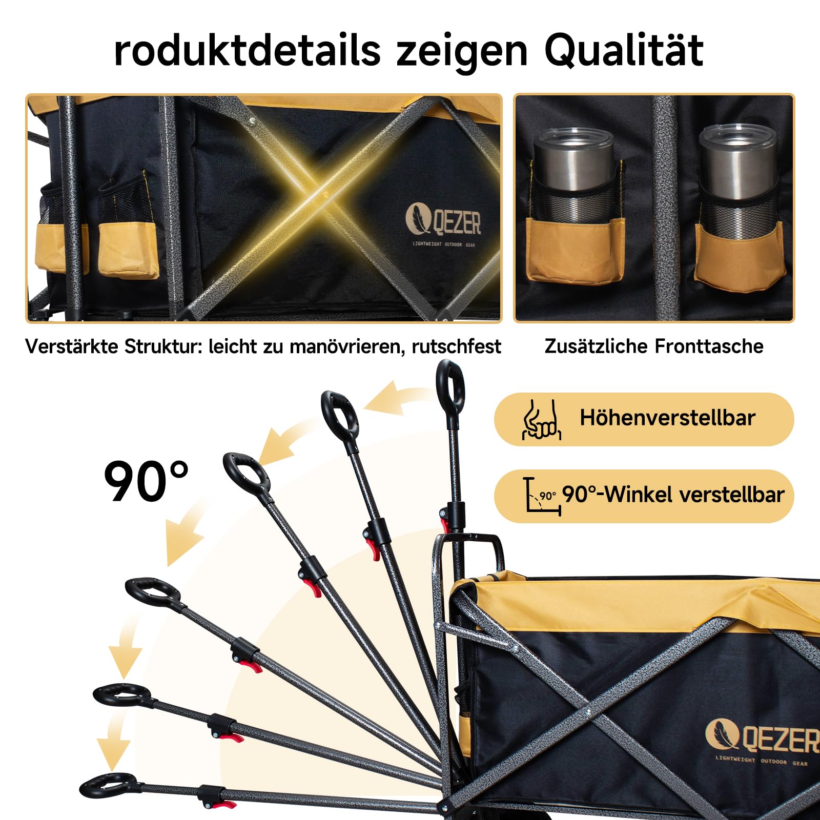 QEZER Bollerwagen faltbar,Tragfähigkeit 210 kg, Multifunktionaler Faltwagen mit geländegängigen Rädern, tragbar für Camping, Garten, Einkaufen und Strand 5