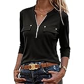 Bulotus 3/4 Length Sleeve Womens Tops Zipper Long Loose Tunics with Leggings Crew Neck Business Casual Dressy Blouses