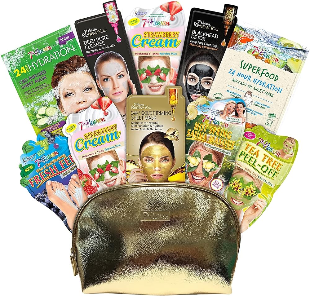 7th Heaven XL Pamper Bag 10 Variety Masks Gift Set Gold Cosmetic Bag Skincare