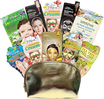 7th Heaven XL Pamper Bag 10 Variety Masks Gift Set Gold Cosmetic Bag Skincare