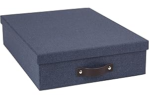 Bigso Oskar Canvas Fiberboard Document Letter Box | File Organizer Document Box for Important Paperwork | Document Storage Box with a Lid & Leather Handle | 3.3″x10.2″x13.8″ | Blue