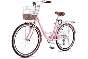 Viribus Womens Bike, 7 Speed Bike for Adults Women 24 26 inch with Ratten Basket & Rack, Beach Cruiser Bike for Women, Womens Bicycle for Commuting, Step Through City Bikes for Women Adults Ladies