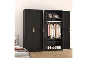 TIMELESS PIECES Metal Wardrobe Cabinets,Black Armoire Wardrobe Closet with Hanging Rod,Clothes Storage Cabinet with Adjustable Shelves and Doors,Clothing Cabinet for Bedroom, Office, Laundry Room