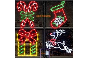 Pytopkto Christmas Decorations - 16" Christmas Window Silhouette Lights - 4 Pack Colour Lighted Reindeer ＆ Gift Box ＆ Candy Cane ＆ Christmas Stocking for Holiday Indoor and Outdoor Window Decorate