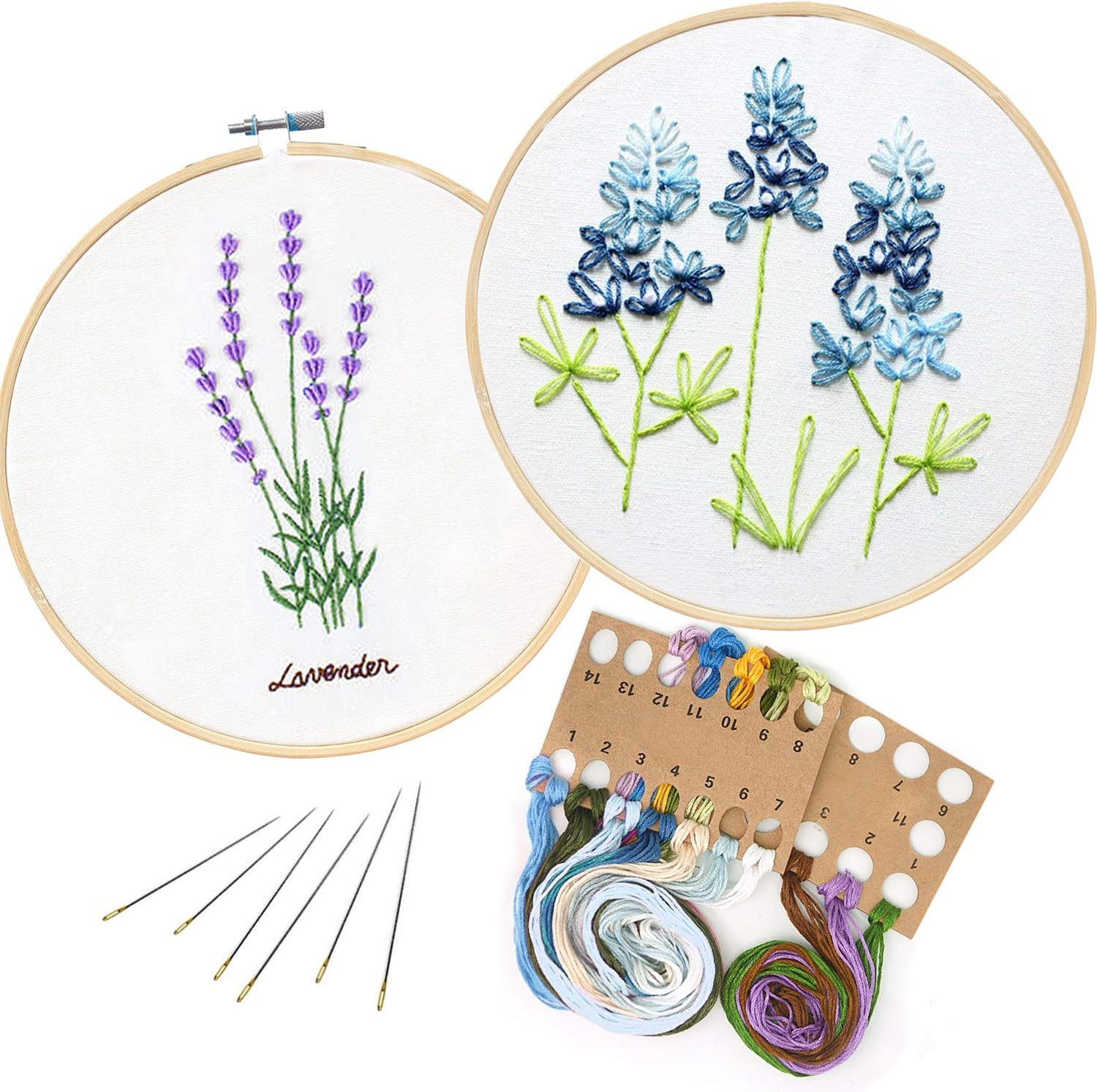 2 Pack Embroidery Kit, Full Range of Embroidery Starter Kit with Pattern DIY Embroidery Kit for Beginner Including Embroidery Cloth, Embroidery Hoop, Threads, Tools Kit (Lavender and Lupine)