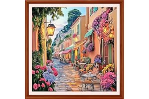 DMCXART Counted Cross Stitch Kits for Adults Needlepoint Kits Unprinted Cross Stitching Embroidery Kit 11CT Cross Stitch Supplies-Seaside Flower Street 18x18 inch