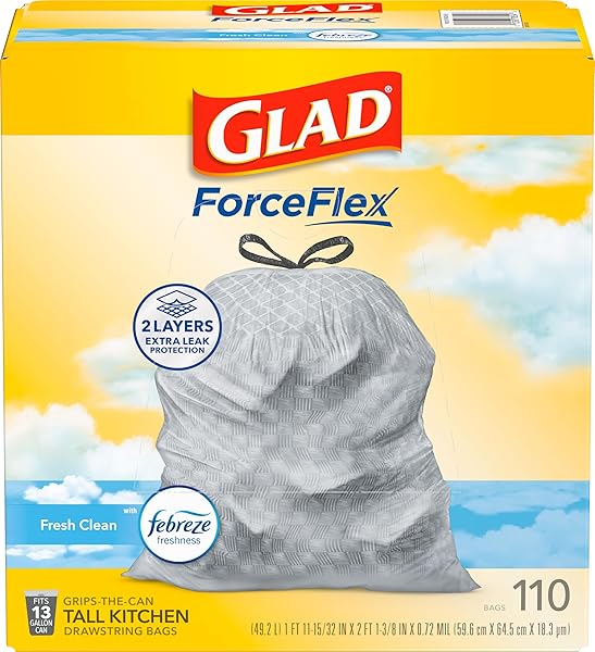 GLAD TALL KITCHEN DRAWSTRING TRASH BAGS – ODORSHIELD 13 GALLON WHITE TRASH BAG, FEBREZE FRESH CLEAN, 110 COUNT